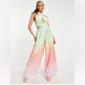 BNWOT ASOS halter ruched jumpsuit with cutout in sherbet ombré 6